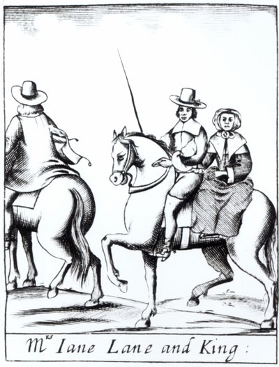 Mrs Jane Lane Riding with King Charles II after the Defeat at the Battle of Worcester in September 1651, published 1660 by English School